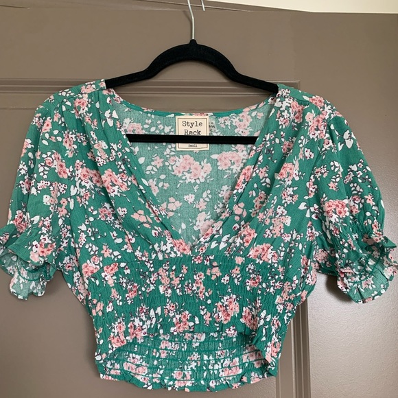 Style Rack Tops - Style Rack Green and Pink Floral Blouse